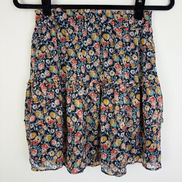 Loft Womens Floral Print Tiered Chiffon Ruffle Pull-On Black/Multi Mini Skirt XS - Picture 2 of 7